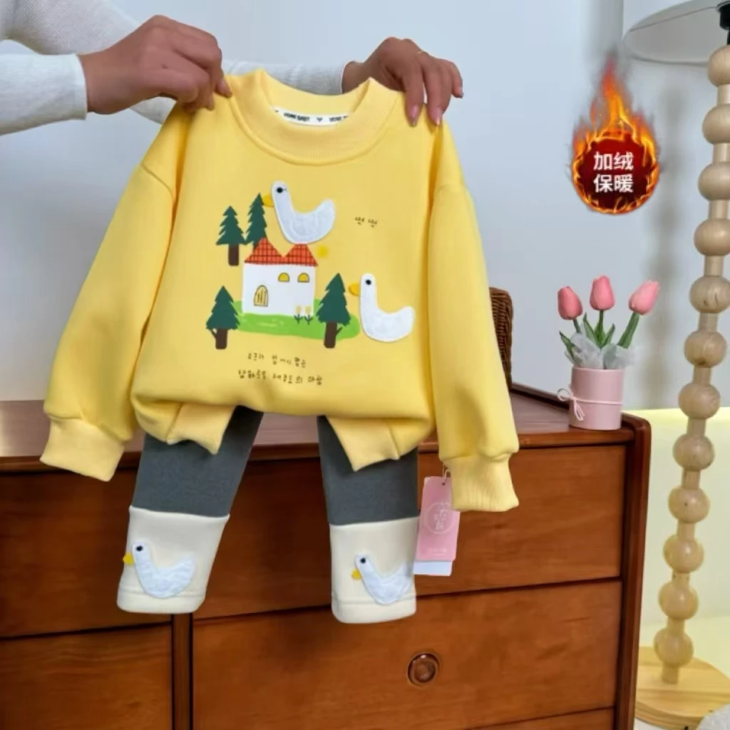 L2060加绒韩版童装2025新款女童卡通印花卫衣儿童打底裤两件套潮