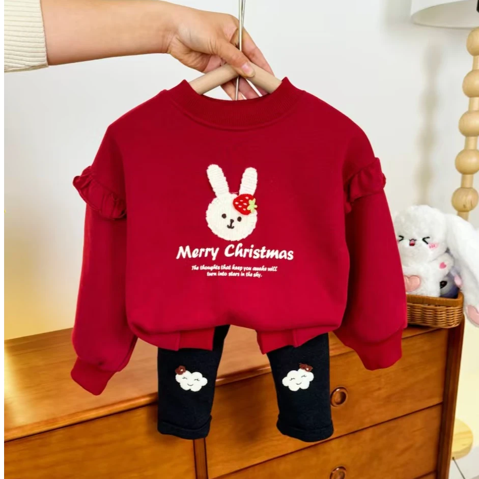 28107女童可爱兔子加绒卫衣打底裤洋气冬装女宝一体绒加厚新年款