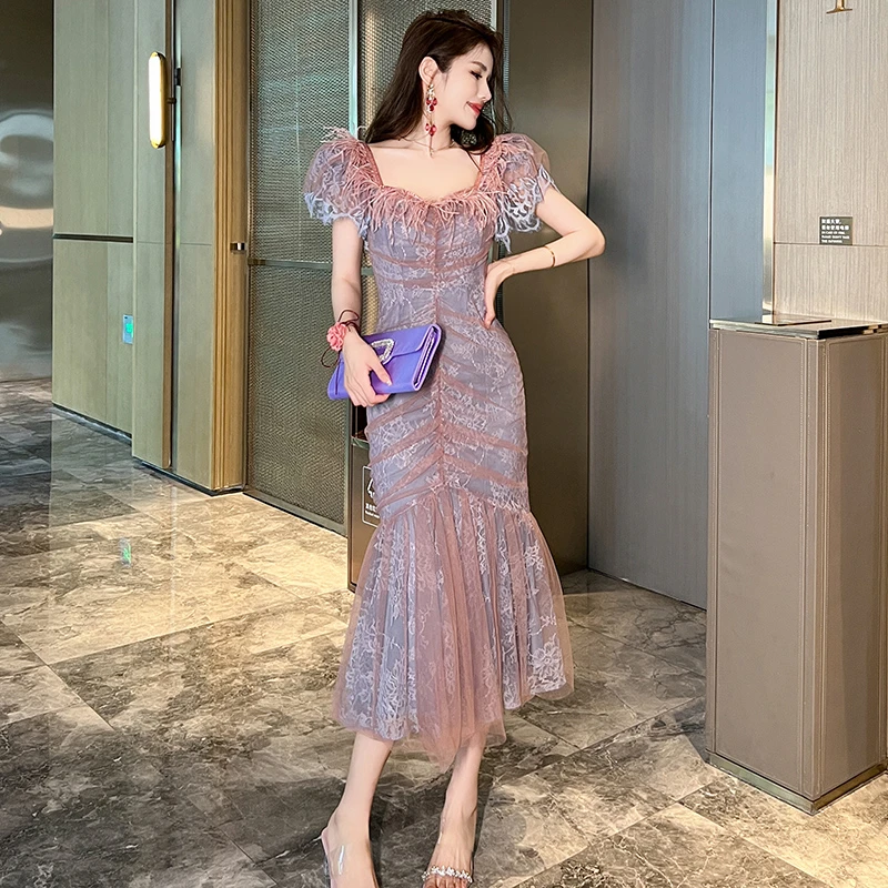 夏季新款修身收腰法式小众名媛气质时尚轻奢设计感连衣裙10709