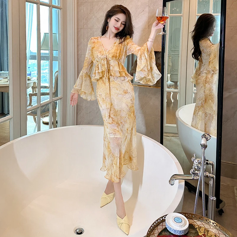 新款法式女纯欲风防晒修身鱼尾长款连衣裙两件套20383