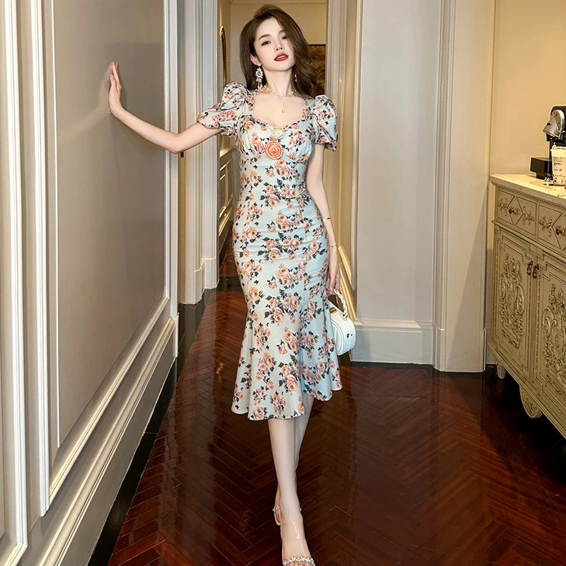 油画复古收腰小碎花2025新款夏季小众包臀中长款气质鱼尾裙10360