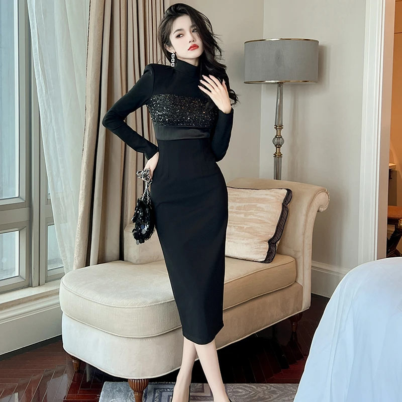 秋季新款性感气质高腰名媛修身显瘦时尚亮片拼接长袖连衣裙30591