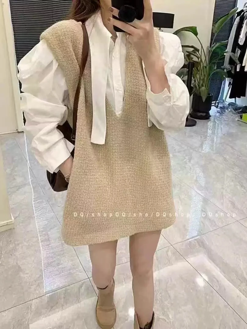 新款温柔风宽松绝美背心裙不规则衣领衬衫套装-3121