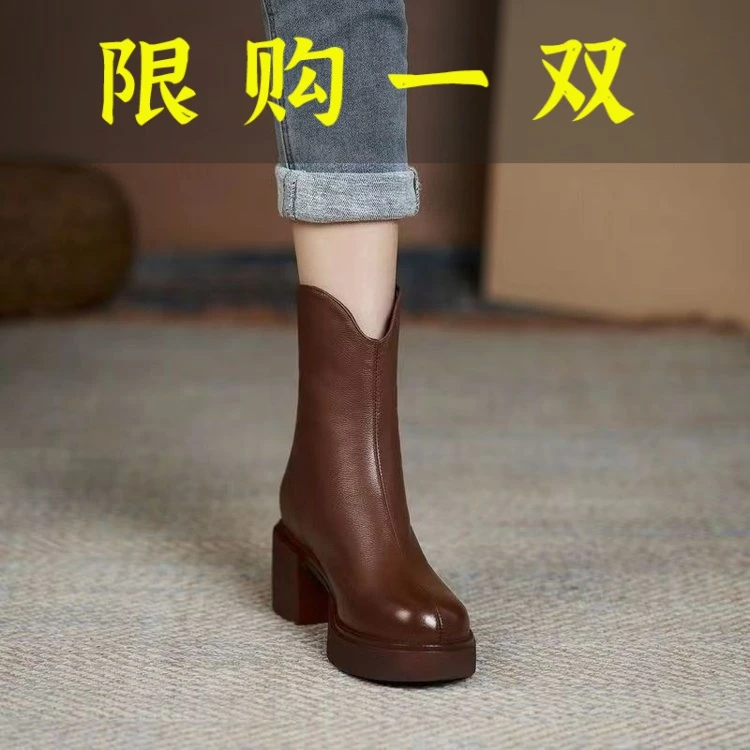 红蜻蜓牌真软皮高跟时装靴女2022新款秋冬加绒粗跟皮靴保暖短靴