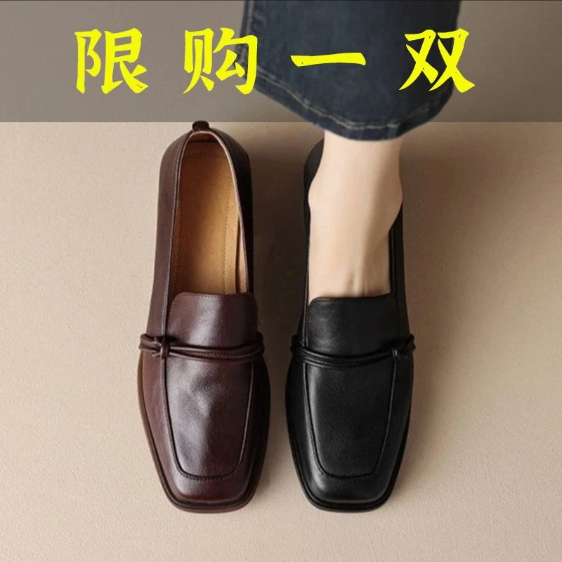 红蜻蜓牌真皮法式中跟单鞋女2023春季新款方头粗跟乐福鞋英伦风