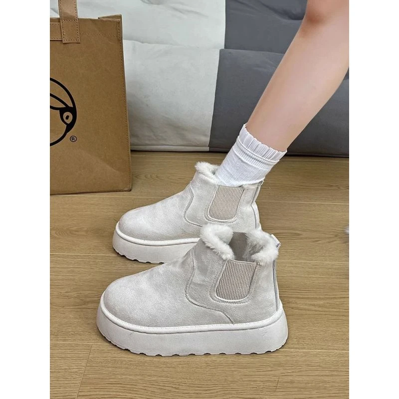 红蜻蜓牌切尔西厚底雪地靴女皮毛一体2023新款冬季面包鞋一脚蹬加