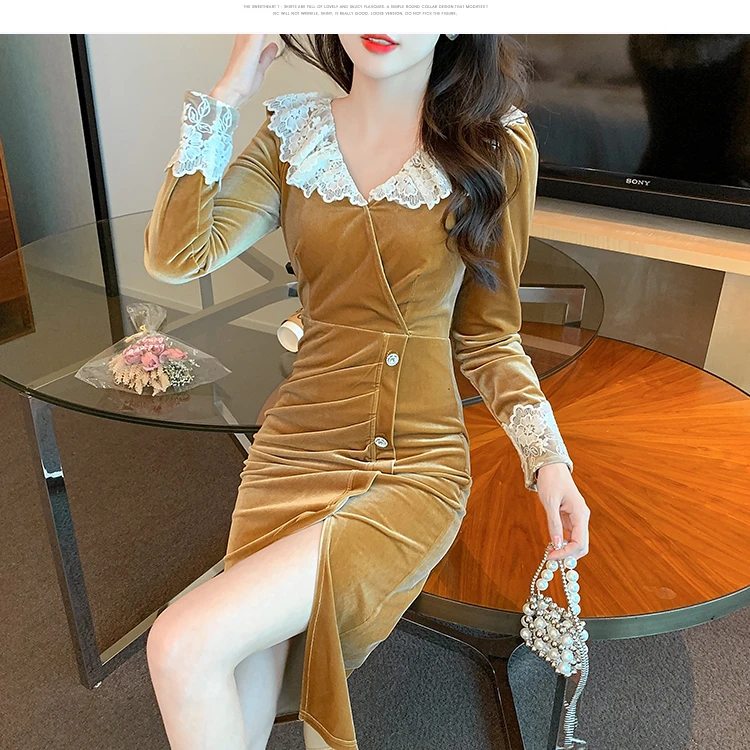 高级轻奢风长袖一步裙法式金丝绒连衣裙女秋装别致开叉修身包臀裙