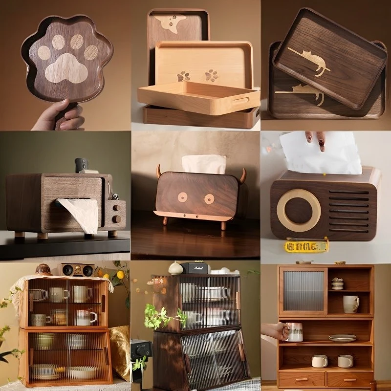 微瑕黑胡桃木纸巾盒实木收纳柜桌面收纳摆件收纳架托盘复古原创