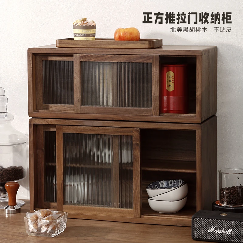 黑胡桃木桌面收纳柜多层置物架餐边柜实木多功能双层日式复古家用