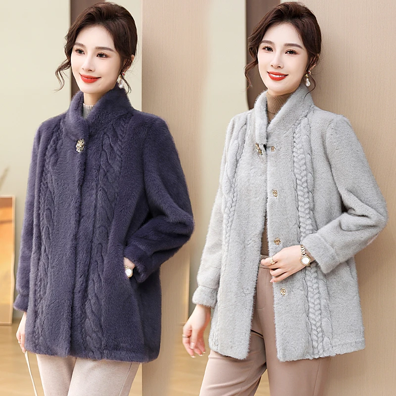 妈妈冬装水貂绒外套短款皮毛一体时尚中老年女秋冬新款仿皮草大衣