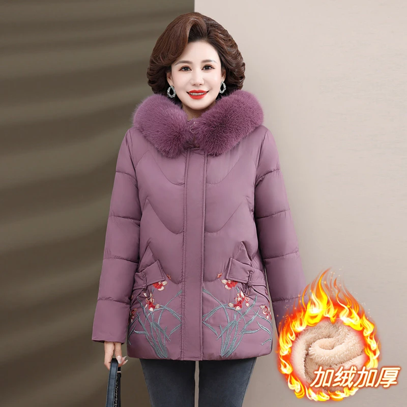 新款妈妈冬装加绒棉服连帽洋气中老年女装冬季棉衣外套加厚大棉袄