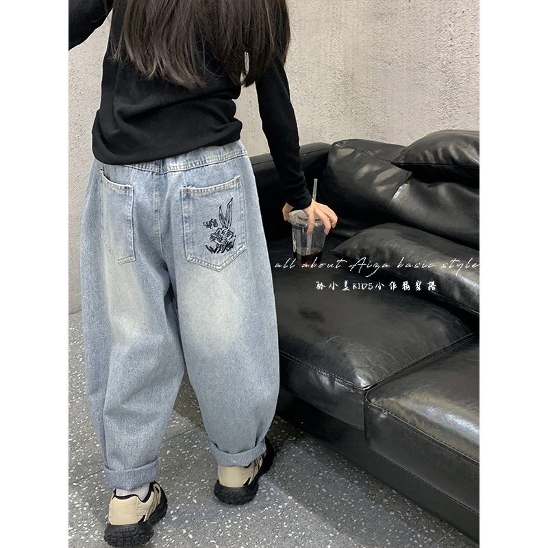 K23439女童牛仔裤儿童秋季裤子春装新款女大童刺绣长裤春秋休闲裤