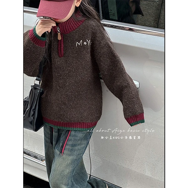 k25063韩国童装撞色女童冬季毛衣polo领儿童打底衫秋冬款针织上衣