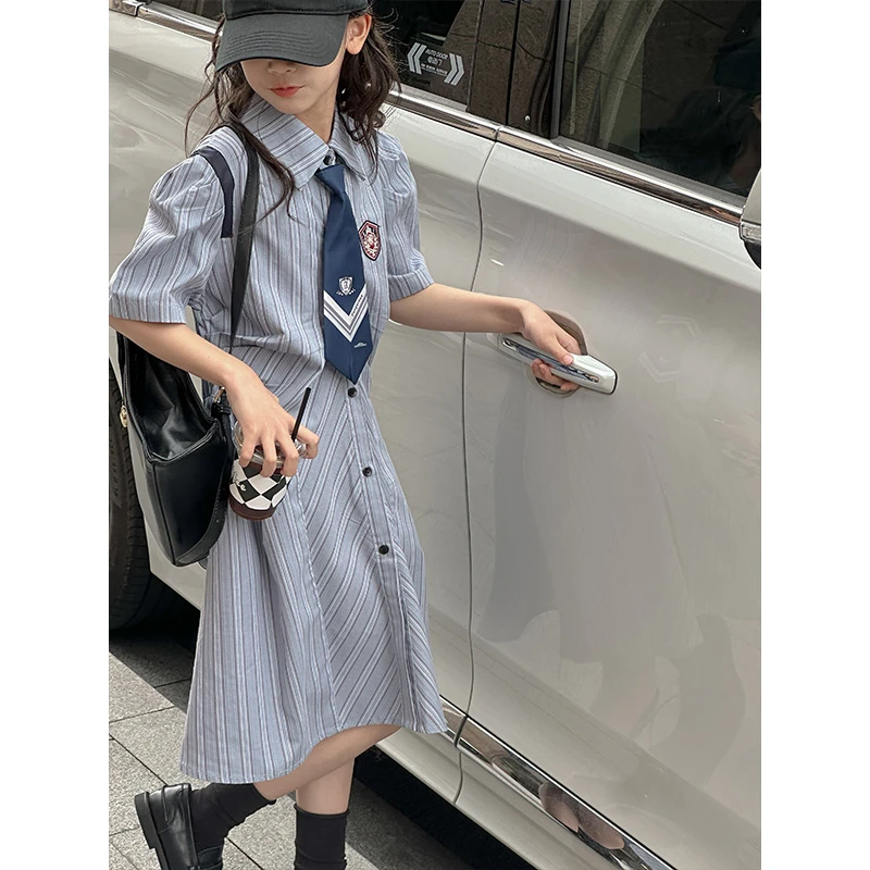 K26368学院风polo领女童夏装连衣裙2025新款儿童短袖裙子女孩夏天
