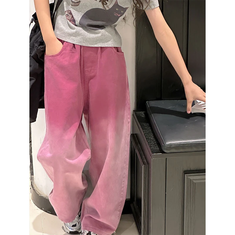 K26387吊染磨白女童拖地牛仔裤薄款儿童裤子夏装新款2025洋气时髦