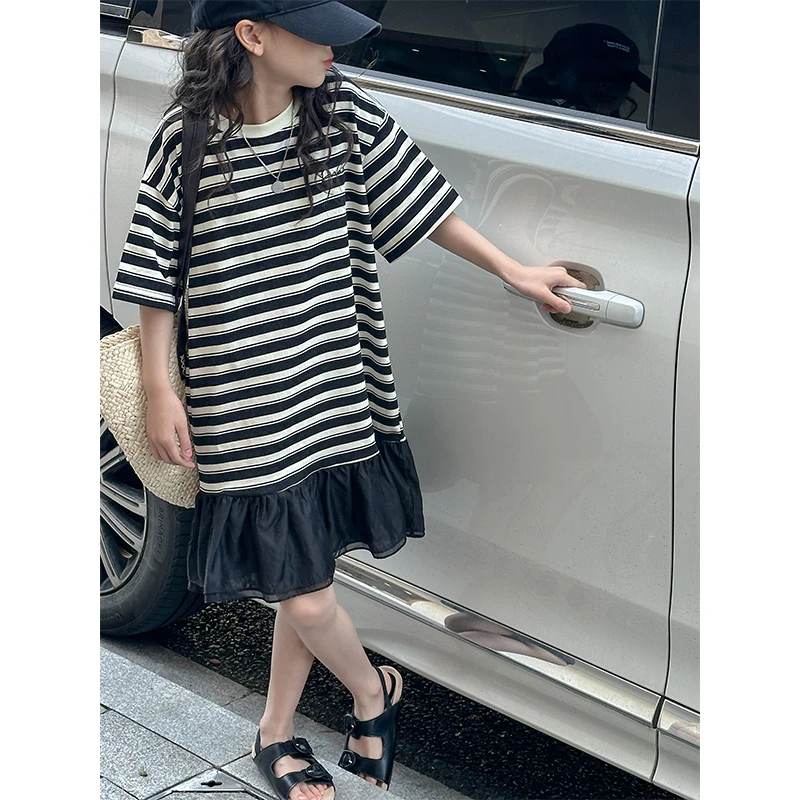 K26412条纹拼接女童夏装连衣裙2025新款儿童短袖裙子女孩T恤裙潮
