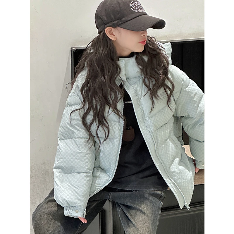 K27771女童连帽羽绒服2025新款秋冬装儿童格纹外套女大童衣服时髦