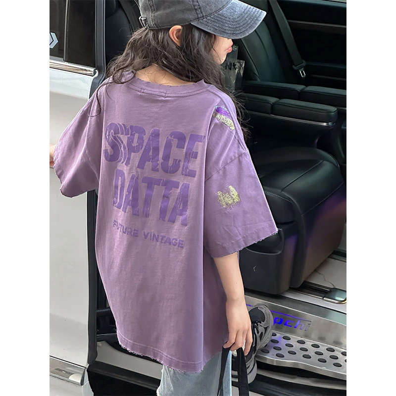 K26595彩银设计女童夏季短袖T恤2025新款儿童上衣女大童做旧半袖t