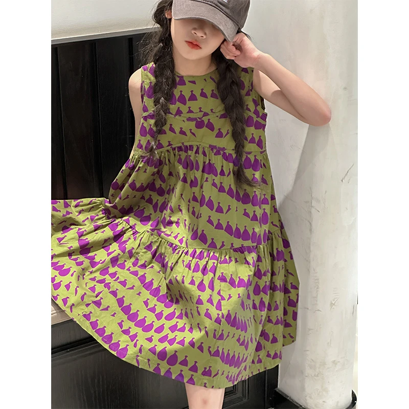 K26535高端满印女童连衣裙2025新款夏季儿童无袖裙子背心裙A字裙