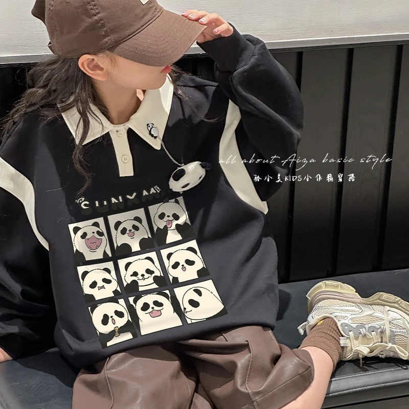 K24554韩国童装女童POLO领卫衣春装儿童春秋时髦立体熊猫上衣潮款