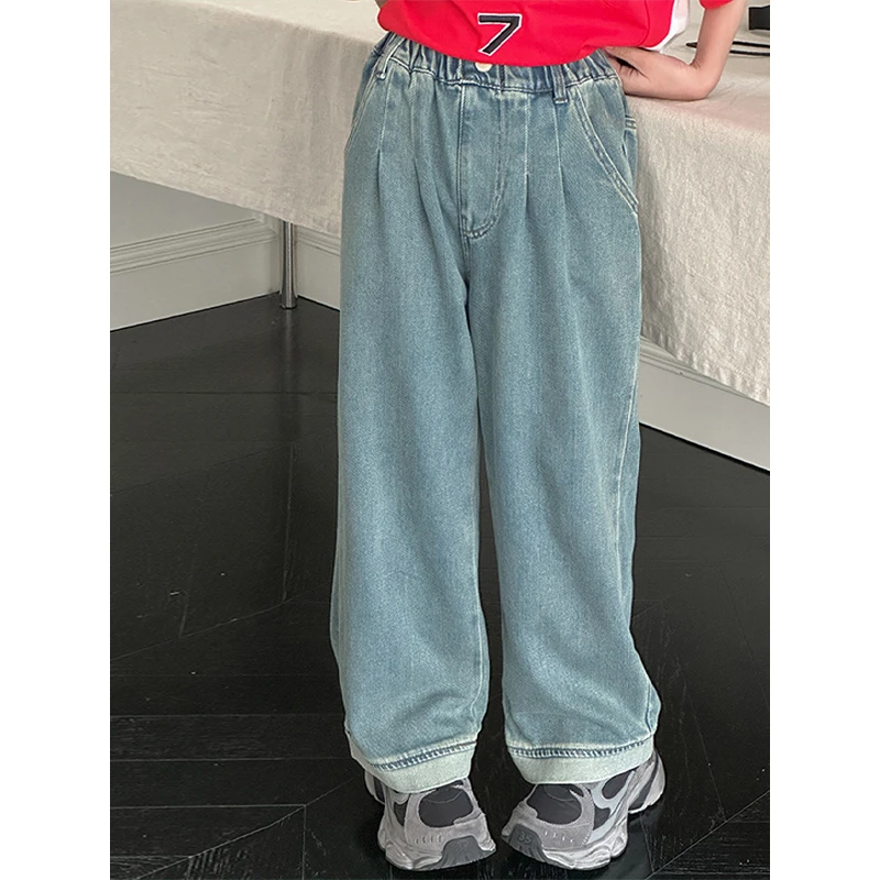 K25762磨白女童春季牛仔裤2025新款春秋大童宽松休闲裤儿童裤子潮