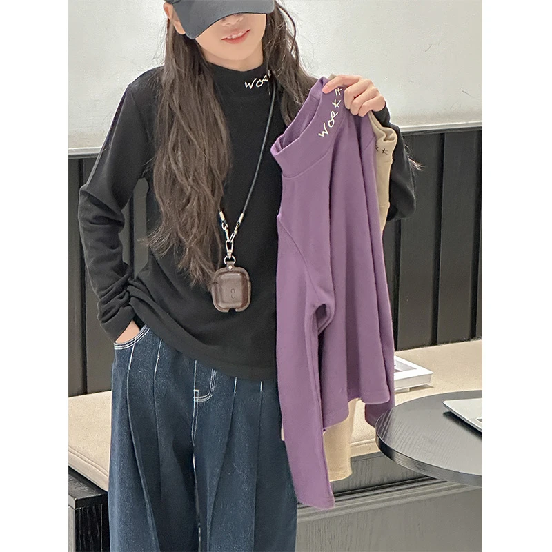 K27518孙小美半高领女童长袖T恤2025新款秋冬磨毛加厚打底衫t