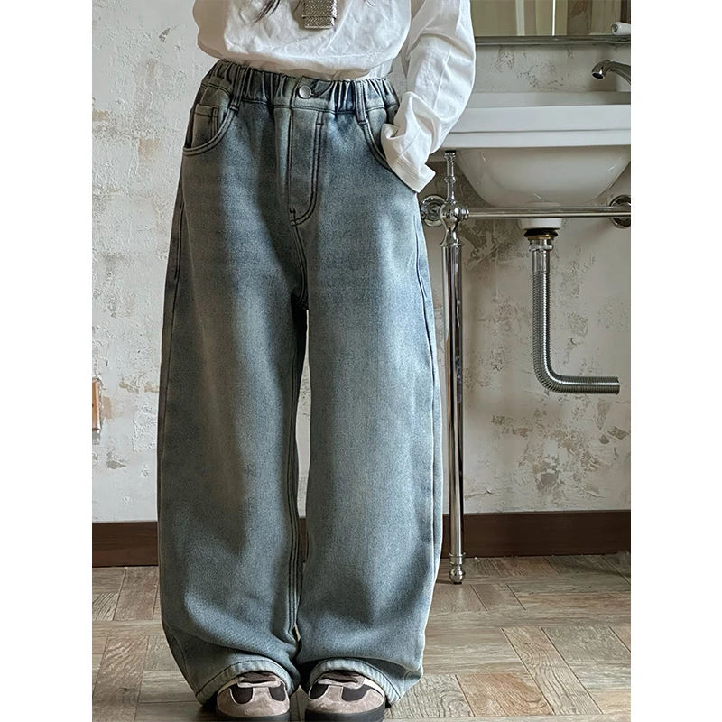 K27748孙小美水洗女童加绒牛仔裤2025新款秋冬装儿童加厚裤子