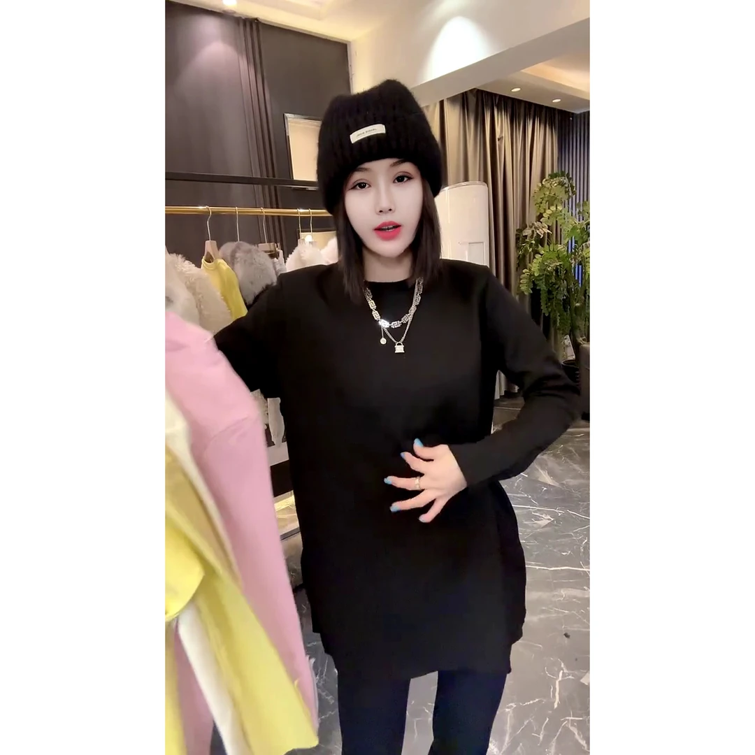 女款气质新款显瘦视觉开叉纯色净版长袖圆领卫衣