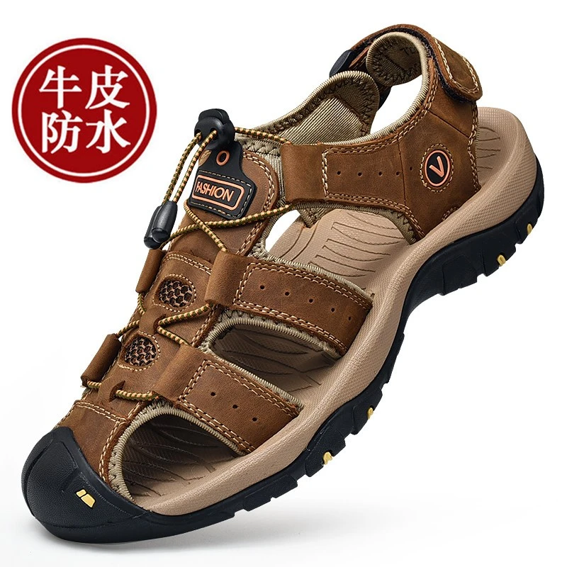 保罗骆驼凉鞋男士真皮包头100%纯牛皮两穿拖鞋户外透气休闲沙滩鞋