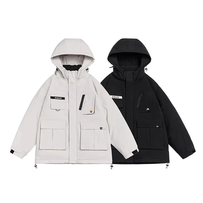 23155冬季新款90白鸭绒多口袋工装连帽羽绒服男女加大保暖外套