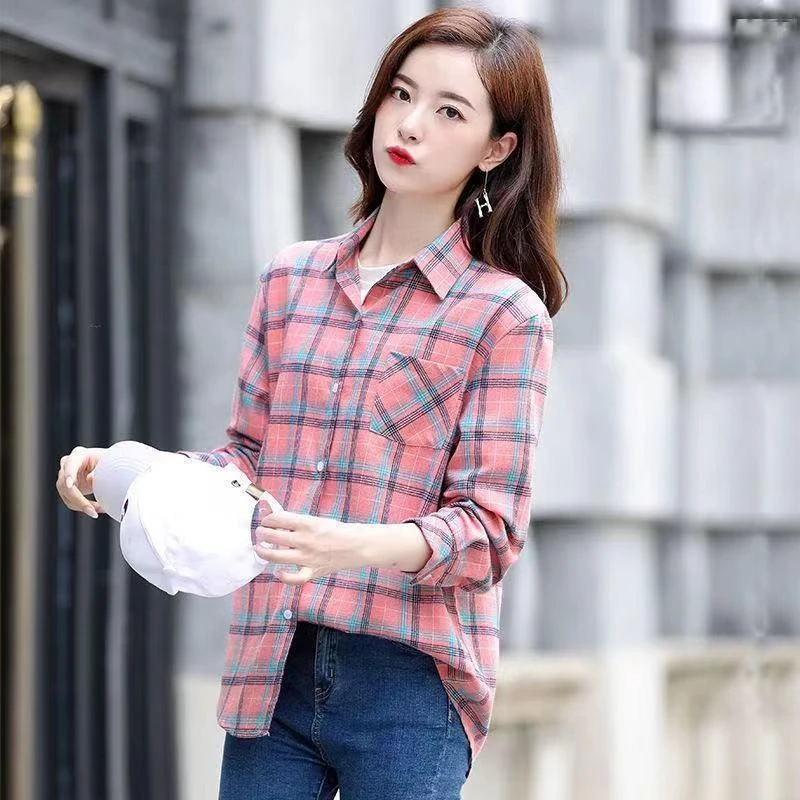 2023新款格子衬衫女长袖磨毛上衣复古衬衣宽松外套韩版打底衫