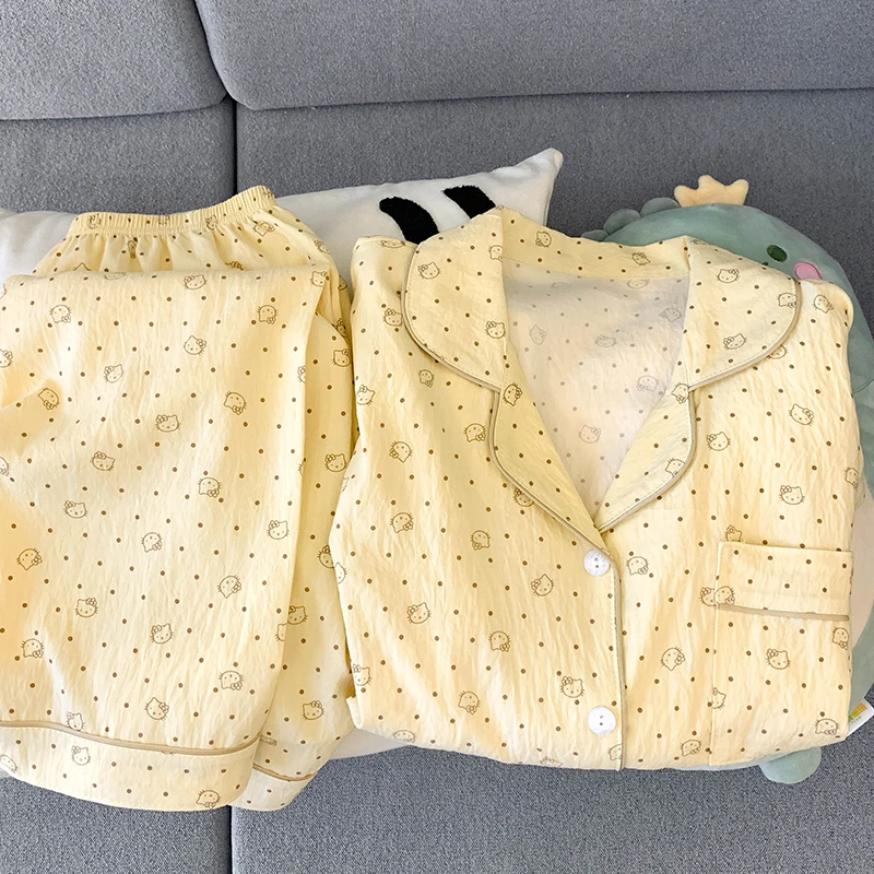 韩国ins风睡衣女春秋长袖日系kitty猫甜美卡通开衫家居服大码套装