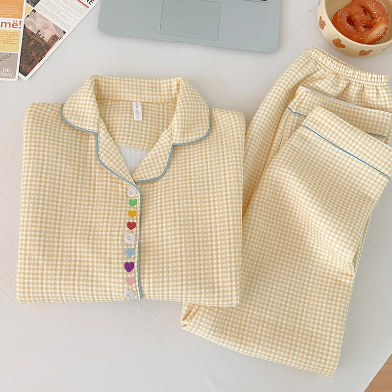 简约彩色小爱心刺绣黄格子夹层睡衣女秋冬季加厚长袖两件套家居服