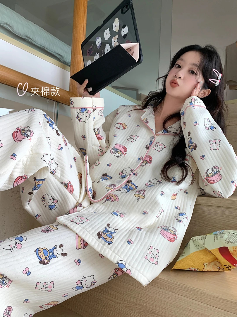 睡衣女款冬季空气棉夹层加厚保暖卡通hellokitty秋冬家居服可外穿