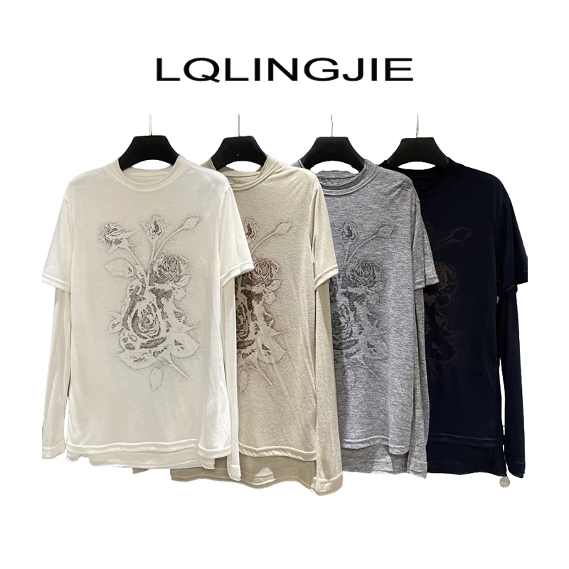 【Q-俏俏】 时尚休闲宽松真两件长袖短袖印花T恤77014