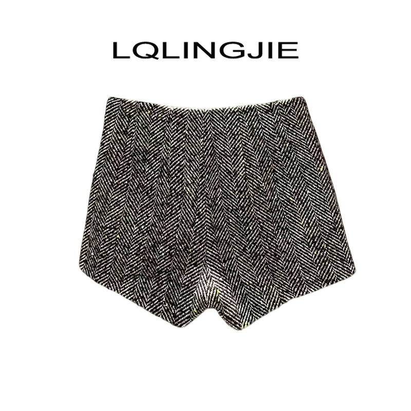 【Q-俏俏】 40%羊毛秋冬时尚个性人字纹高腰辣妹短裤5020