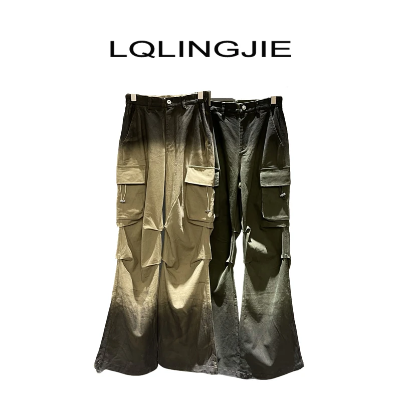 【Q-俏俏】 设计款高腰拼色渐变多口袋工装裤74081