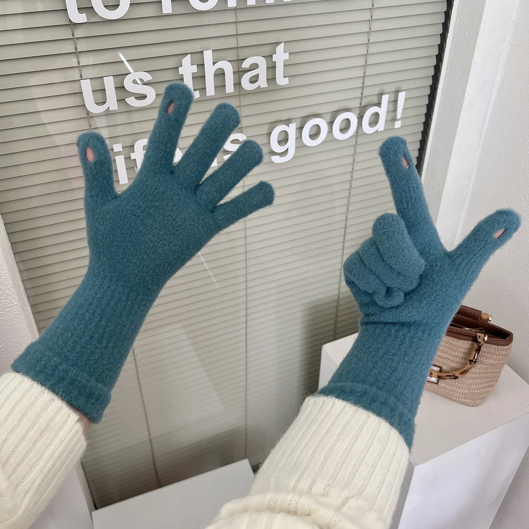韩版ins纯色保暖针织毛线手套女长款露指可触屏加厚防寒分指冬季