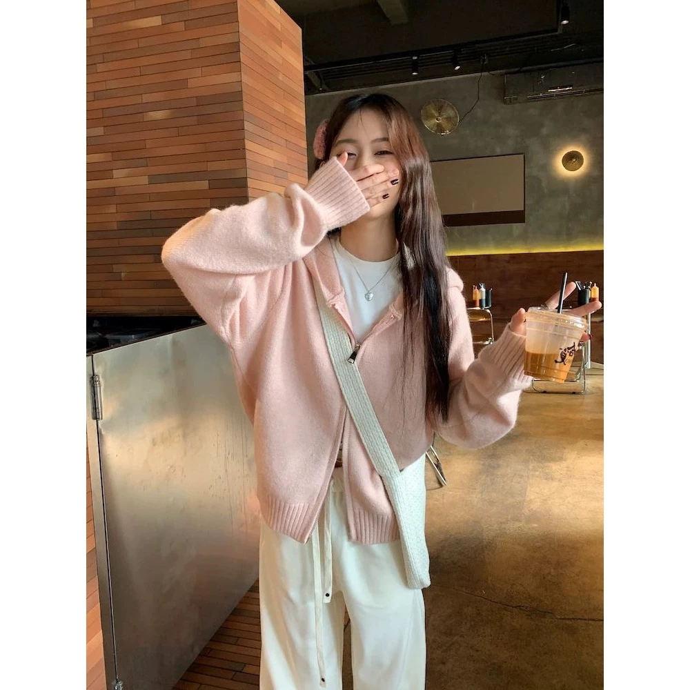 【菜菜微胖】2024秋季新款纯色连帽针织开衫CCC11279