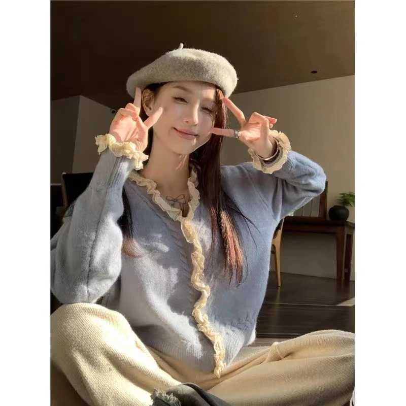 【菜菜微胖】2024秋季新款显瘦花边针织衫CCC11264