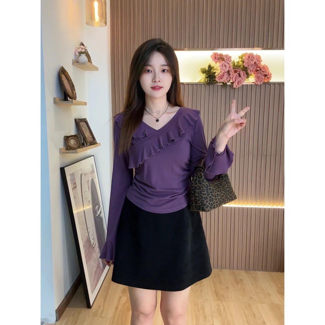 【仅上衣】花老爷微胖秋冬新款荷叶边上衣HLY3078