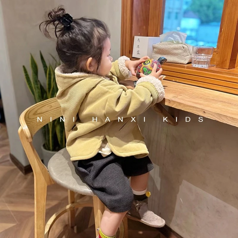 韩国童装男女童秋冬季棉袄宝宝灯芯绒精灵帽棉服牛角扣儿童外套潮