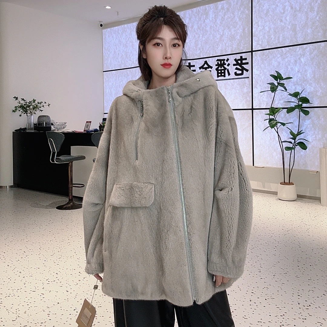 LP39网红连帽宽松中长款加绒加厚带帽秋冬慵懒百搭休闲外套