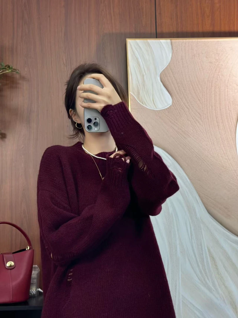 秋冬耗牛绒慵懒风女装网红气质红色复古简约百搭简约韩版套头1832