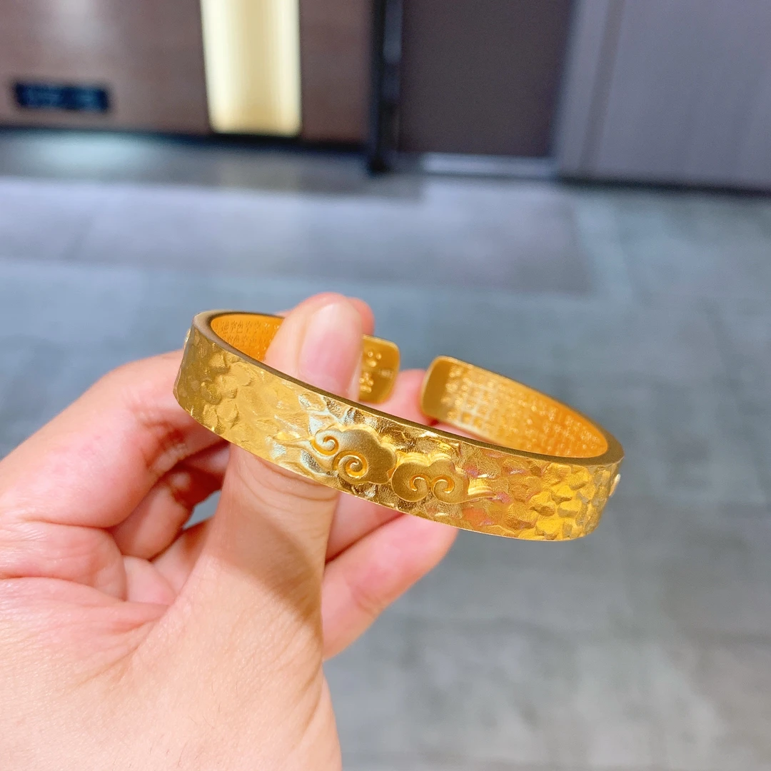 【铭记】足金999 古法锤纹祥云内心经开口足金手镯