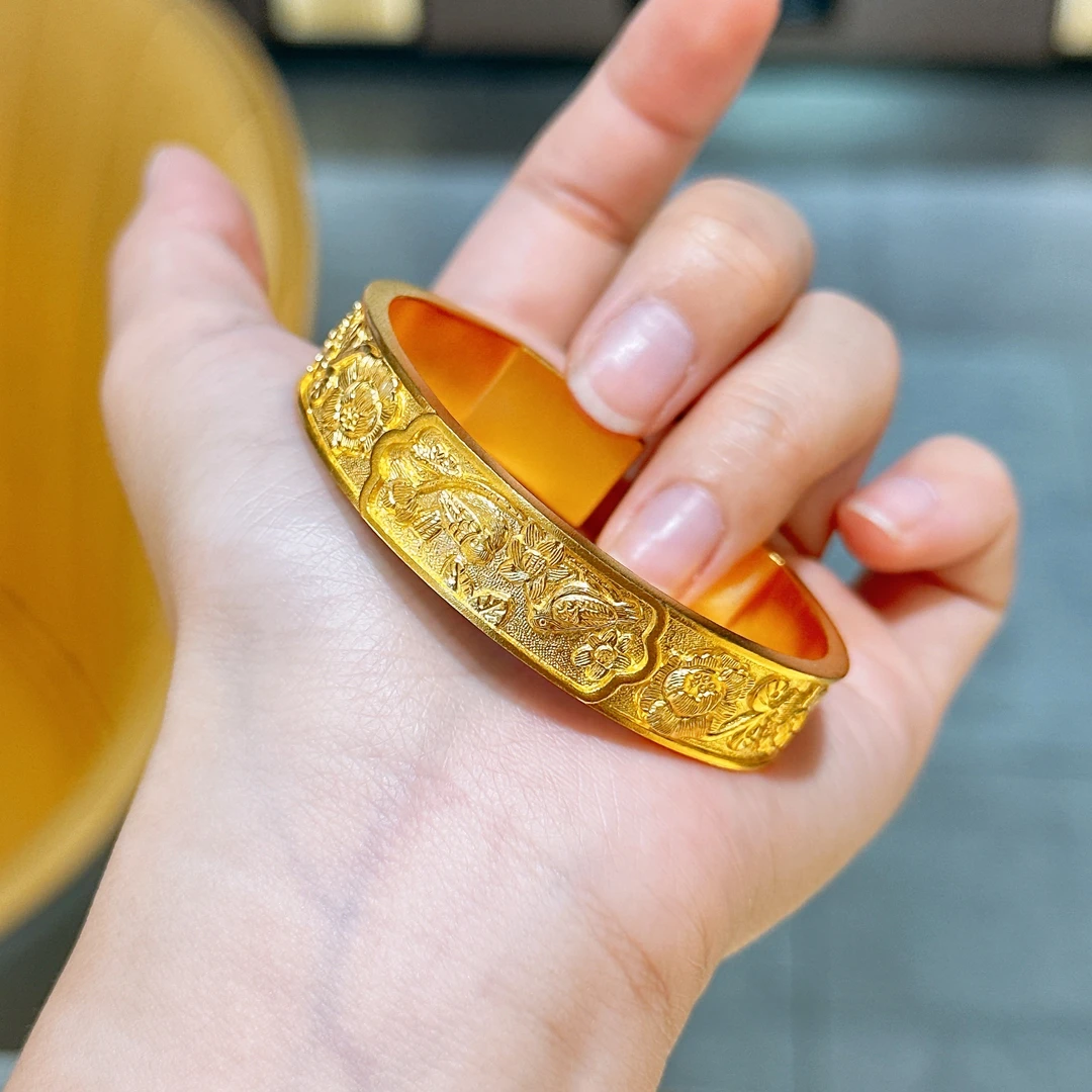 【铭记】足金999 手工錾刻 喜上眉梢 方形牡丹足金开口手镯