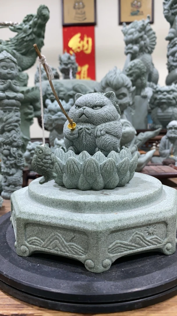 青砂石小胖猫钓鱼鱼缸盆景创意送人自用茶桌茶台鱼缸造景摆设摆件