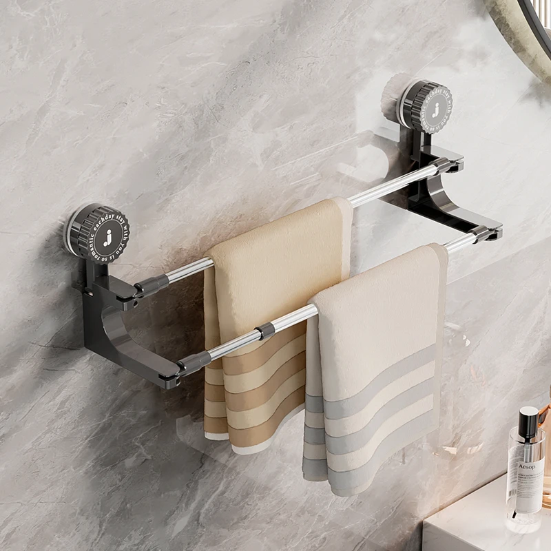 旋钮吸盘伸缩双杆毛巾架家用卫生间壁挂免打孔毛巾浴巾收纳置物架