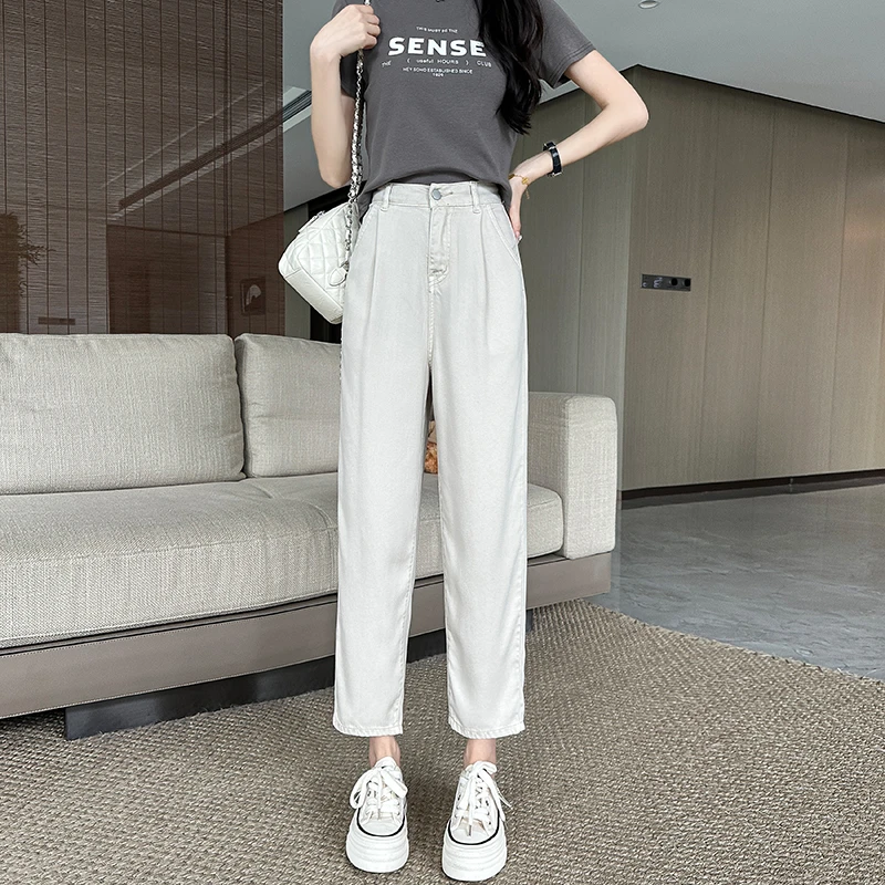 小个子天丝棉直筒九分裤夏季高腰牛仔裤女春夏显瘦八九分老爹裤子