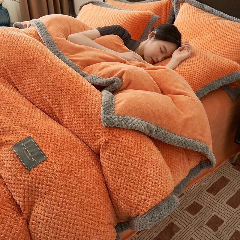 加厚单件绒被罩加绒冬被绒橙色珊瑚绒被套牛奶绒双面绒被罩四件套